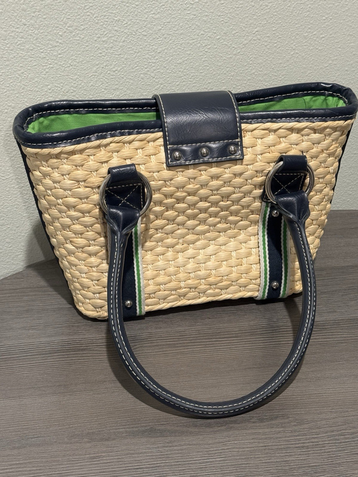 Women’s Chaps Medium Tote Beige Woven Blue Double Handles Green Lined Turn Lock