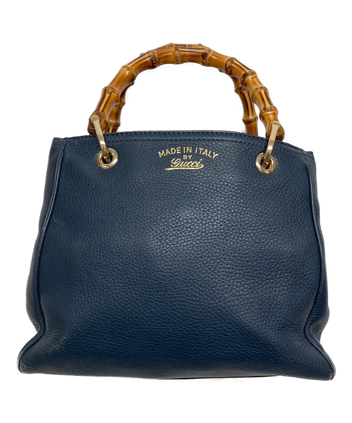 Gucci Bamboo Shopper Small Navy Leather Top Handle Tote Bag Auth