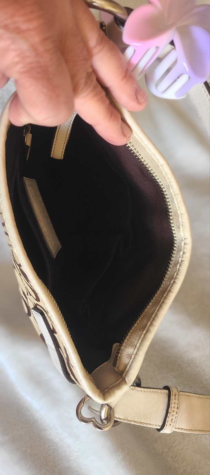 Coach Signature Brown Beige Shoulder Bag with White Leather Trim