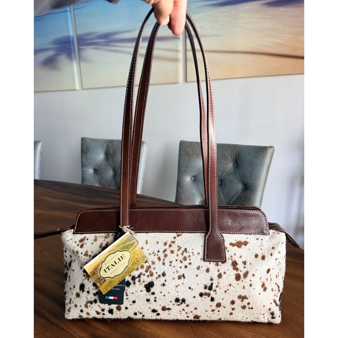 NWT Cavalcanti Italy Cowhide Leather Tote Bag Satchel Salt & Pepper Brown White