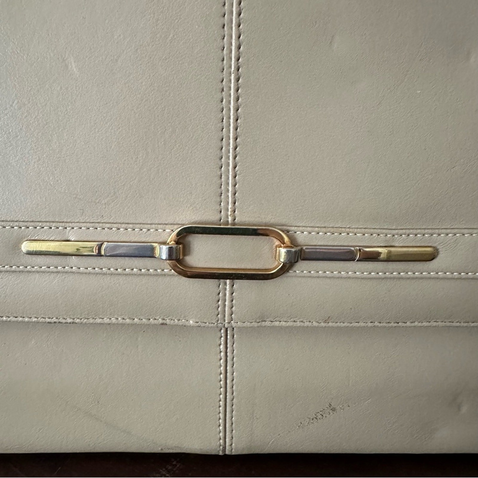 Lou Taylor Italian Leather Cream Clutch with Mirror Vintage