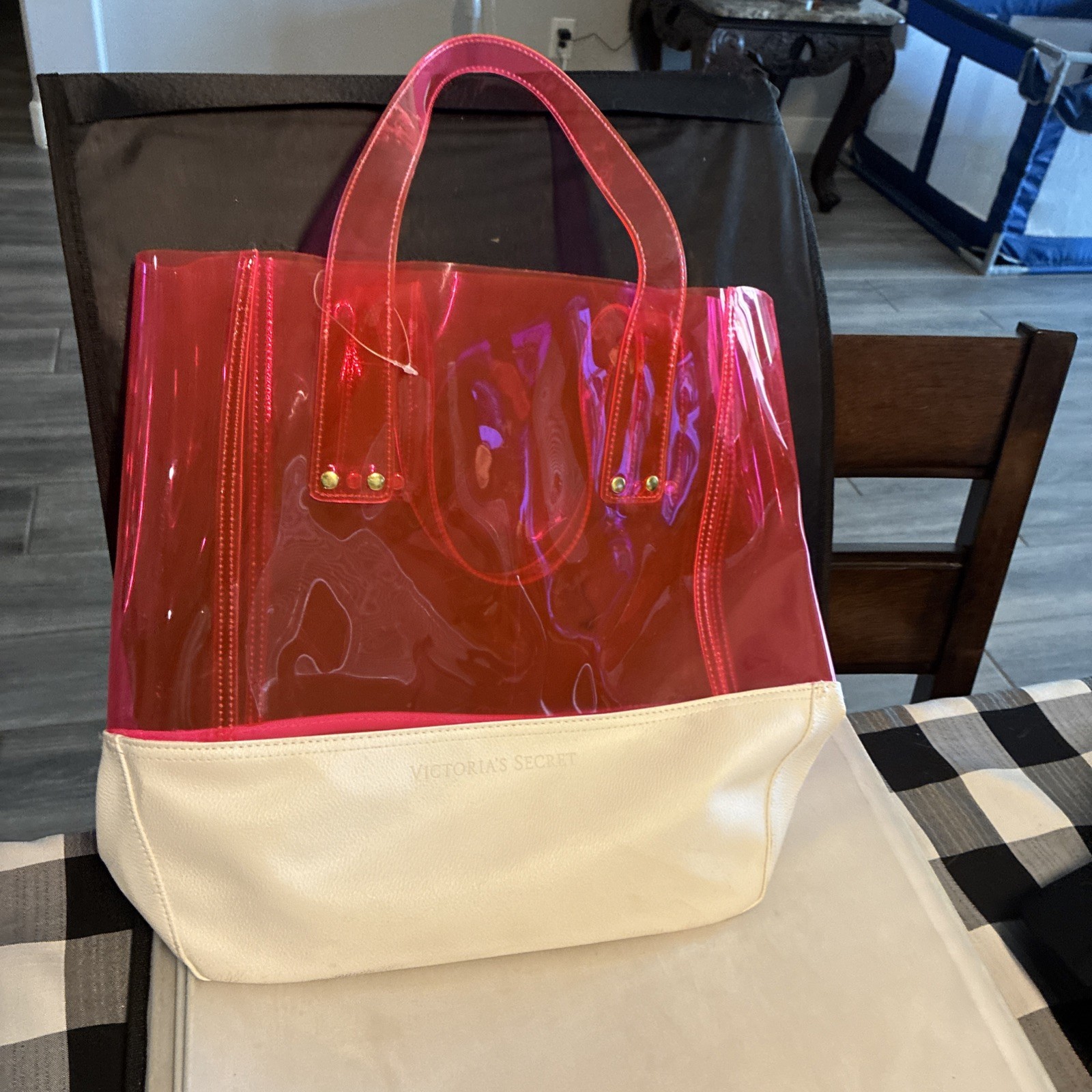 Victorias Secret Large Clear Pink And White Tote Bag
