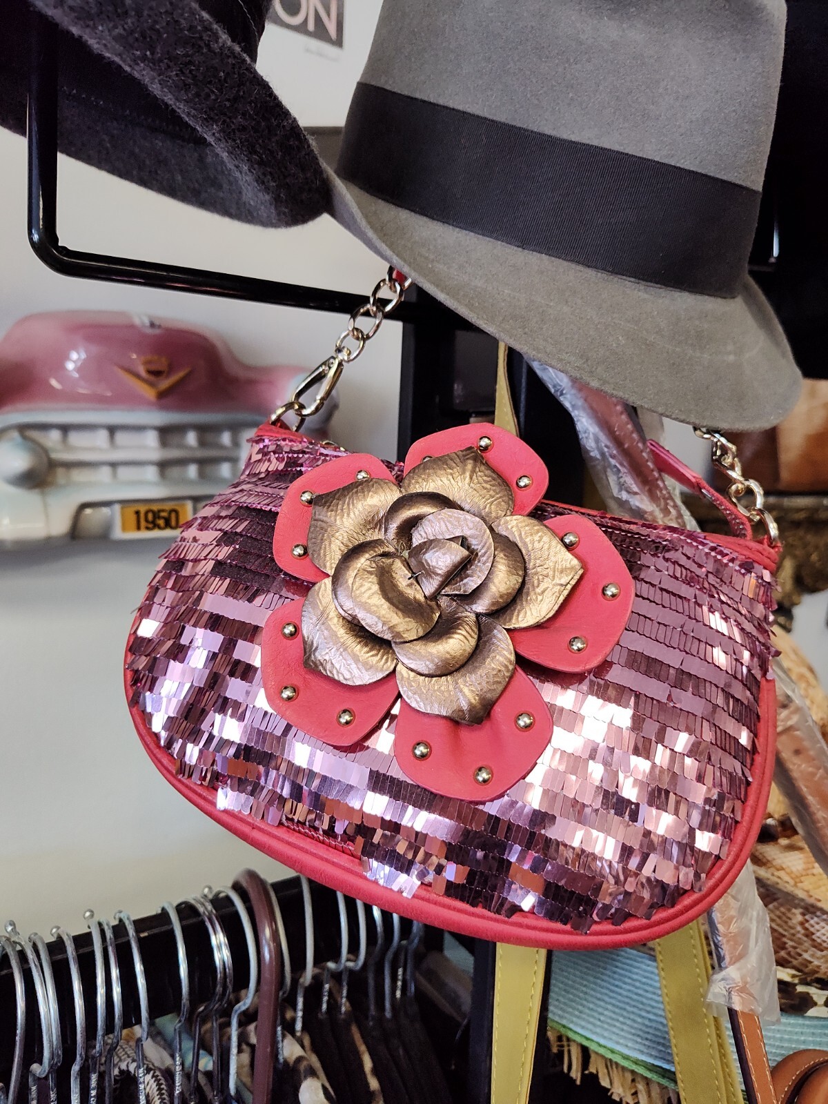 Sharif PUPLE PINK Purse Handbag Sequins Rose Removable Strap Excellent NWT