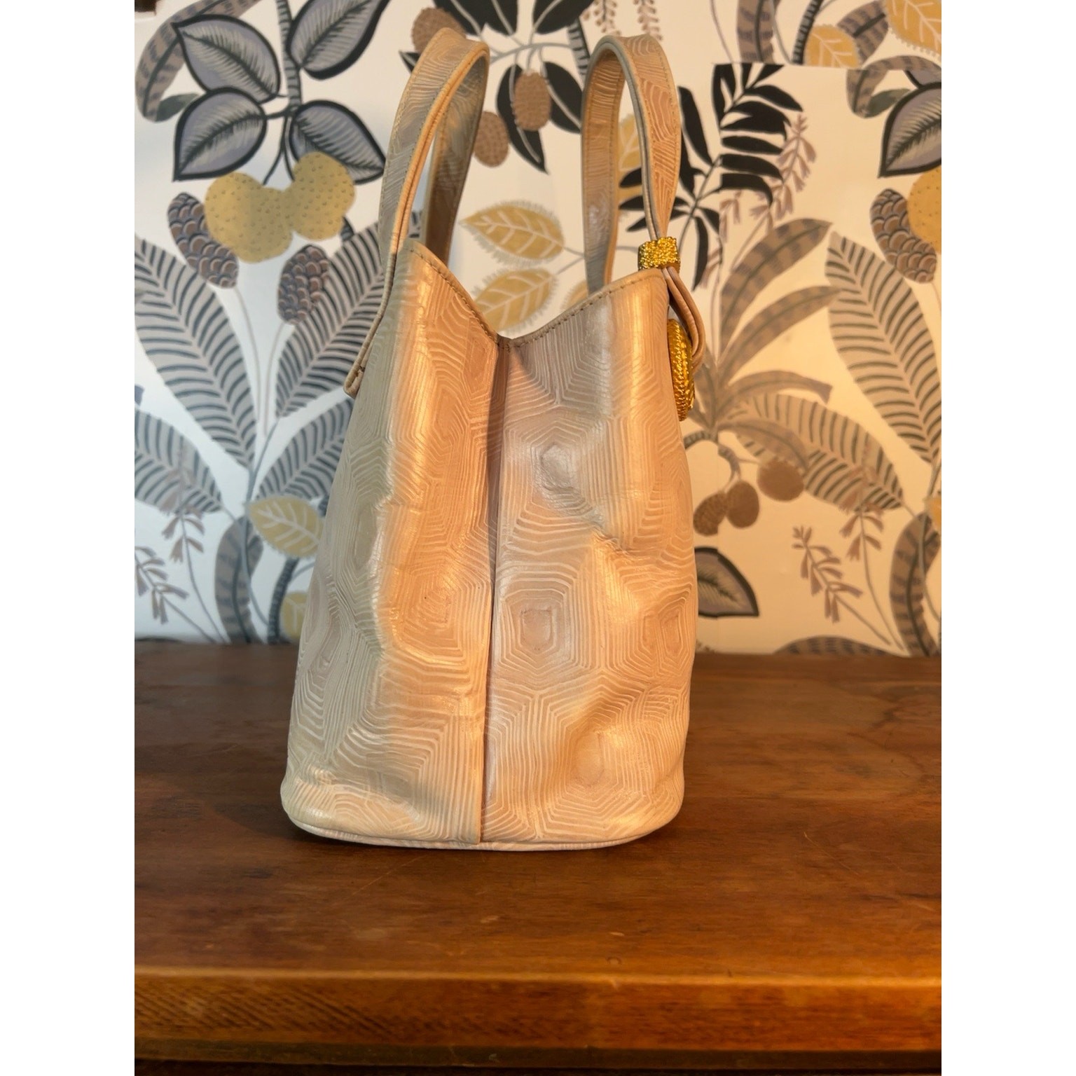 Paolo Masi Ivory Embossed Leather Tote Handbag Gold Hardware Made in Italy