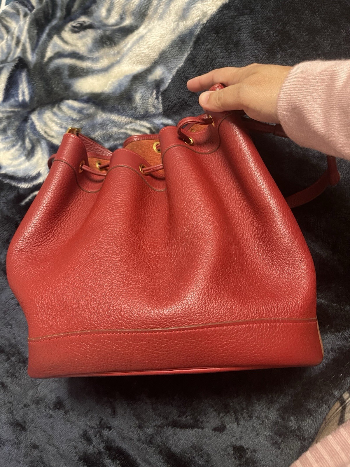 Hermes Red Bucket Drawstring Bag Adjustable Shoulder Strap Gold Buckle Brown