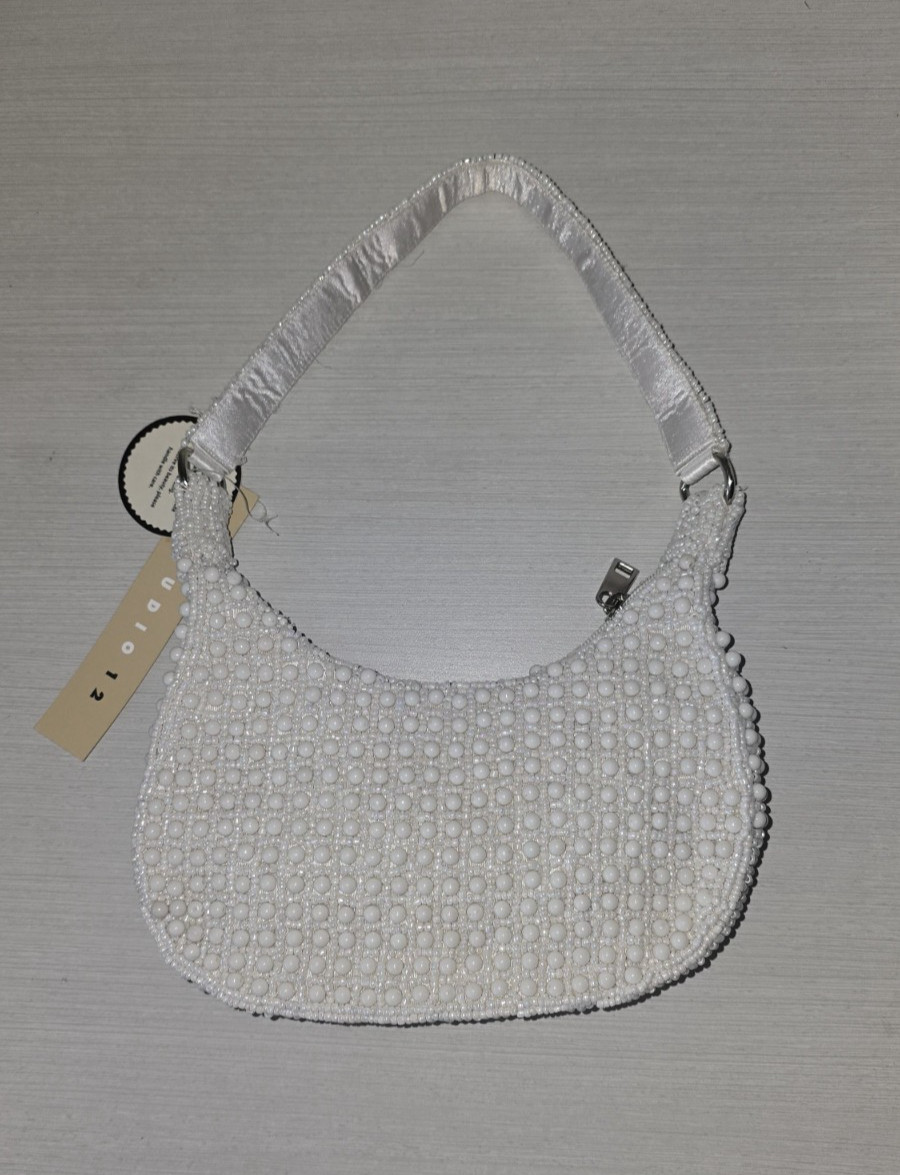 white beaded pearl shoulder bag baguette edding evening, handbag