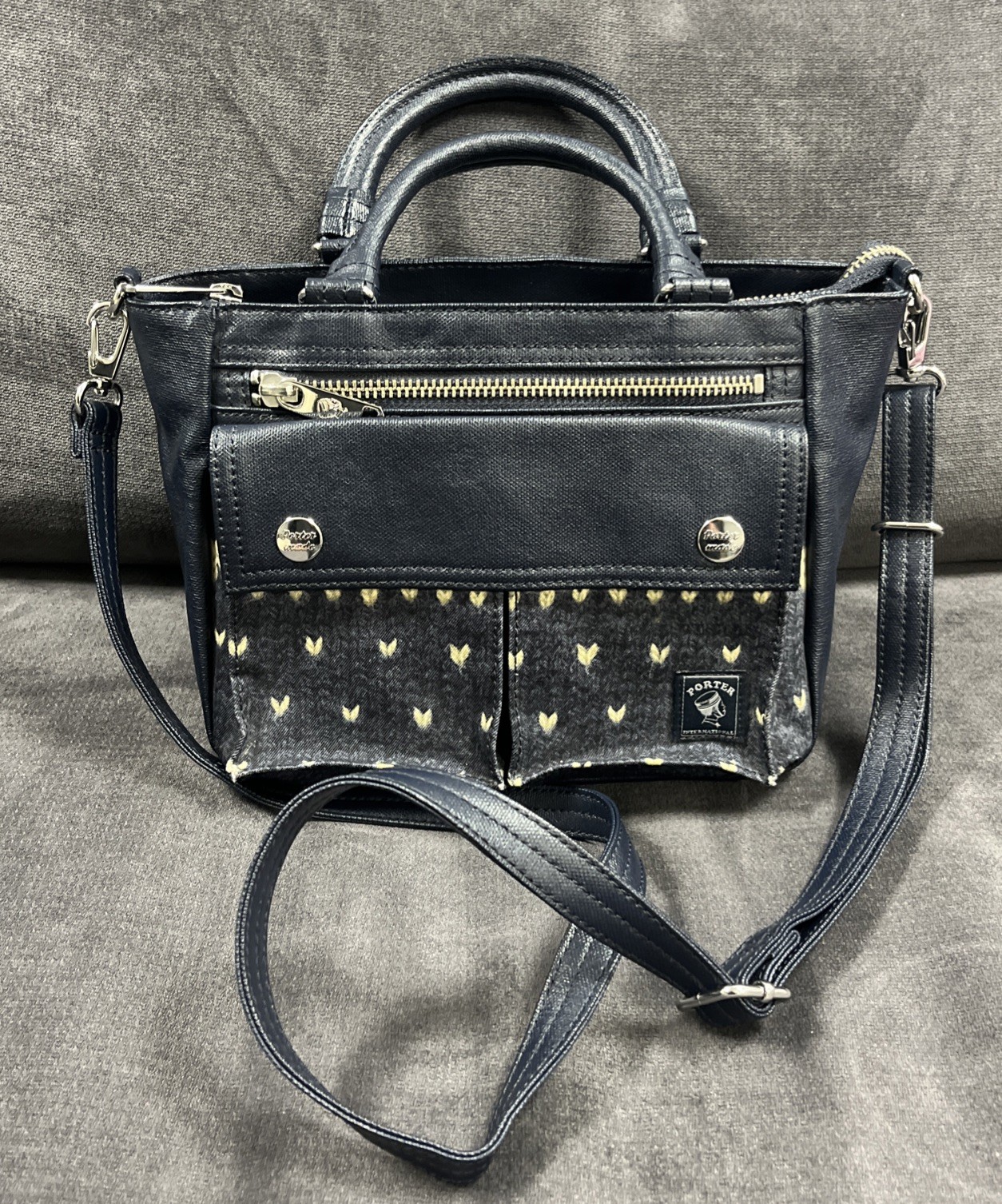 Porter International Handbag Crossbody Handles Navy Blue Nagakura Fabric EUC