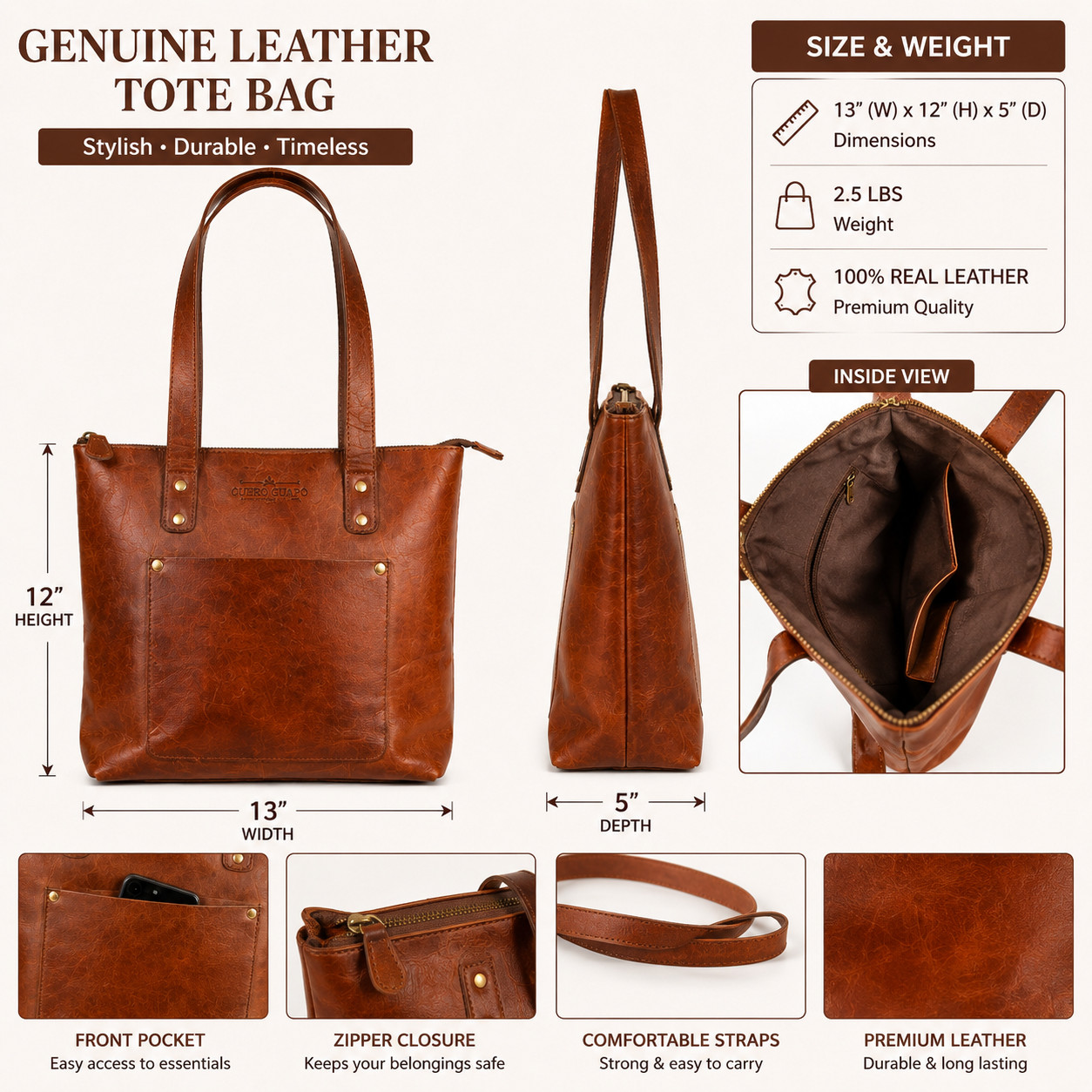 Cuero Guapo Genuine Leather Tote Bag Brown Zip Shoulder Handbag Purse Distressed