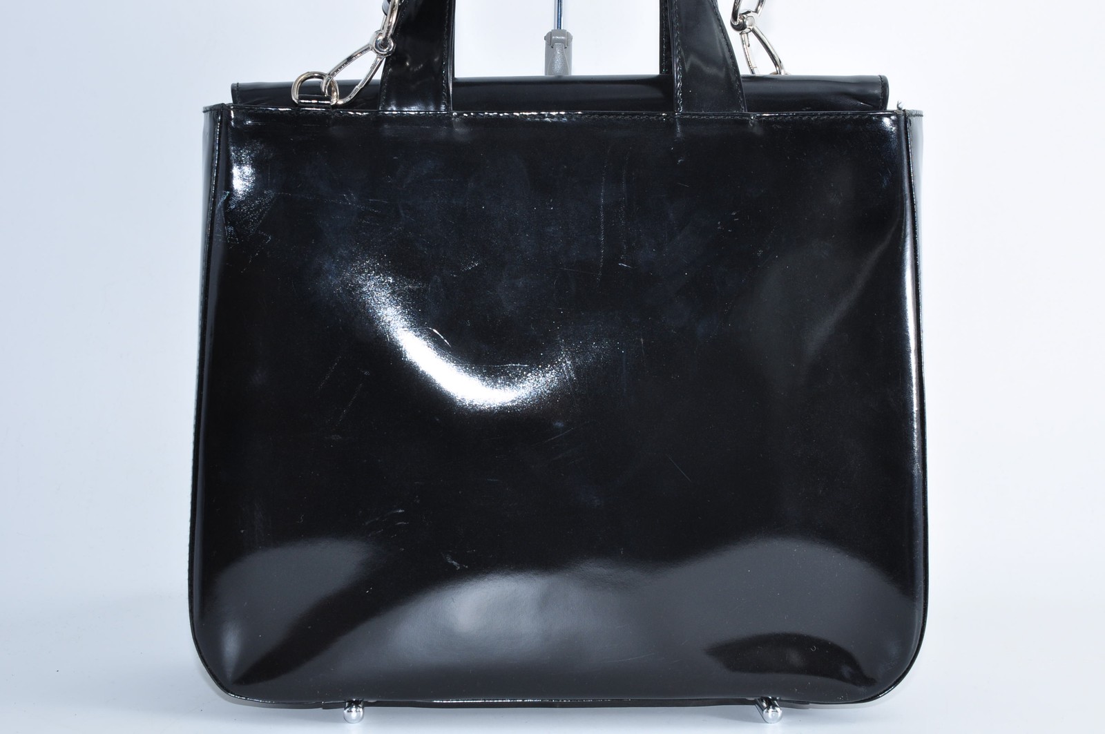 GUCCI GG Enamel Hand Bag Tote Bag Leather Black Silver Used Auth 613095