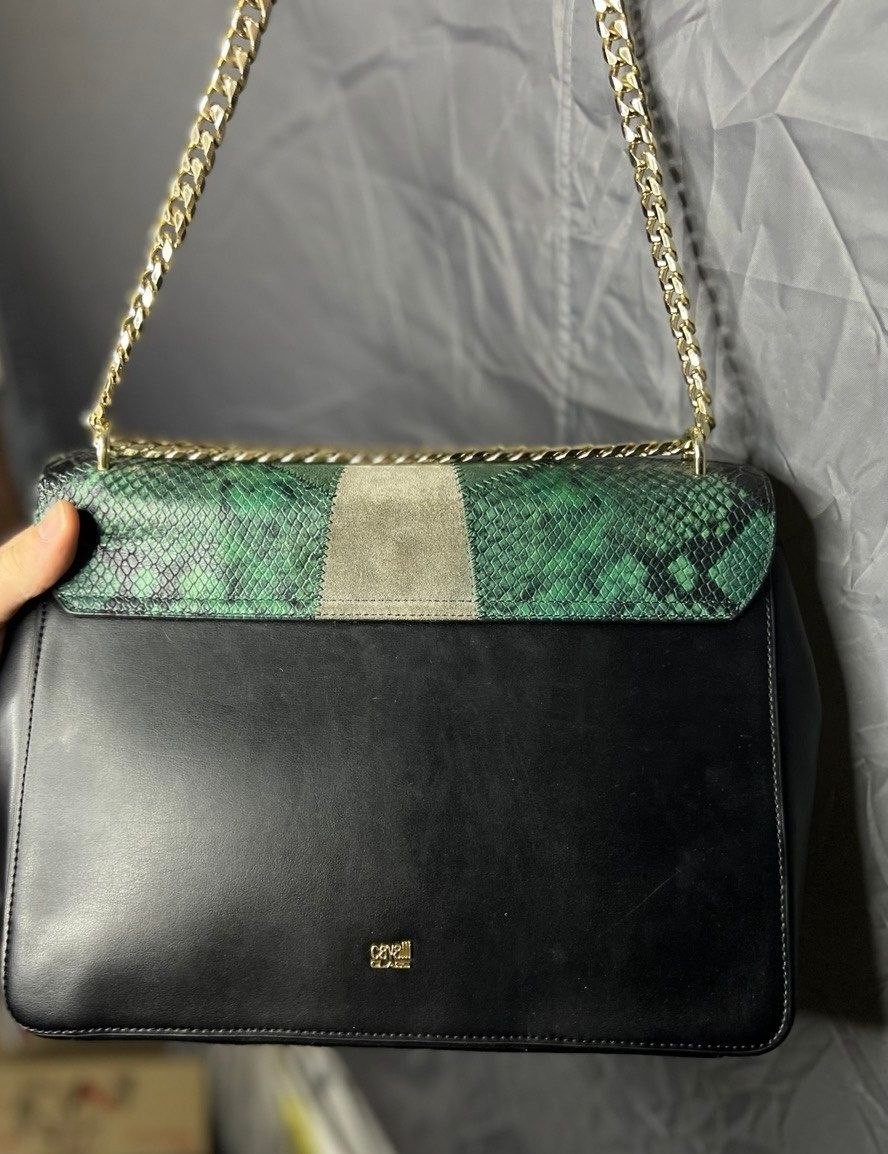 Roberto Cavalli Green Leather Shoulder Bag Gold Chain Snake Print Rare