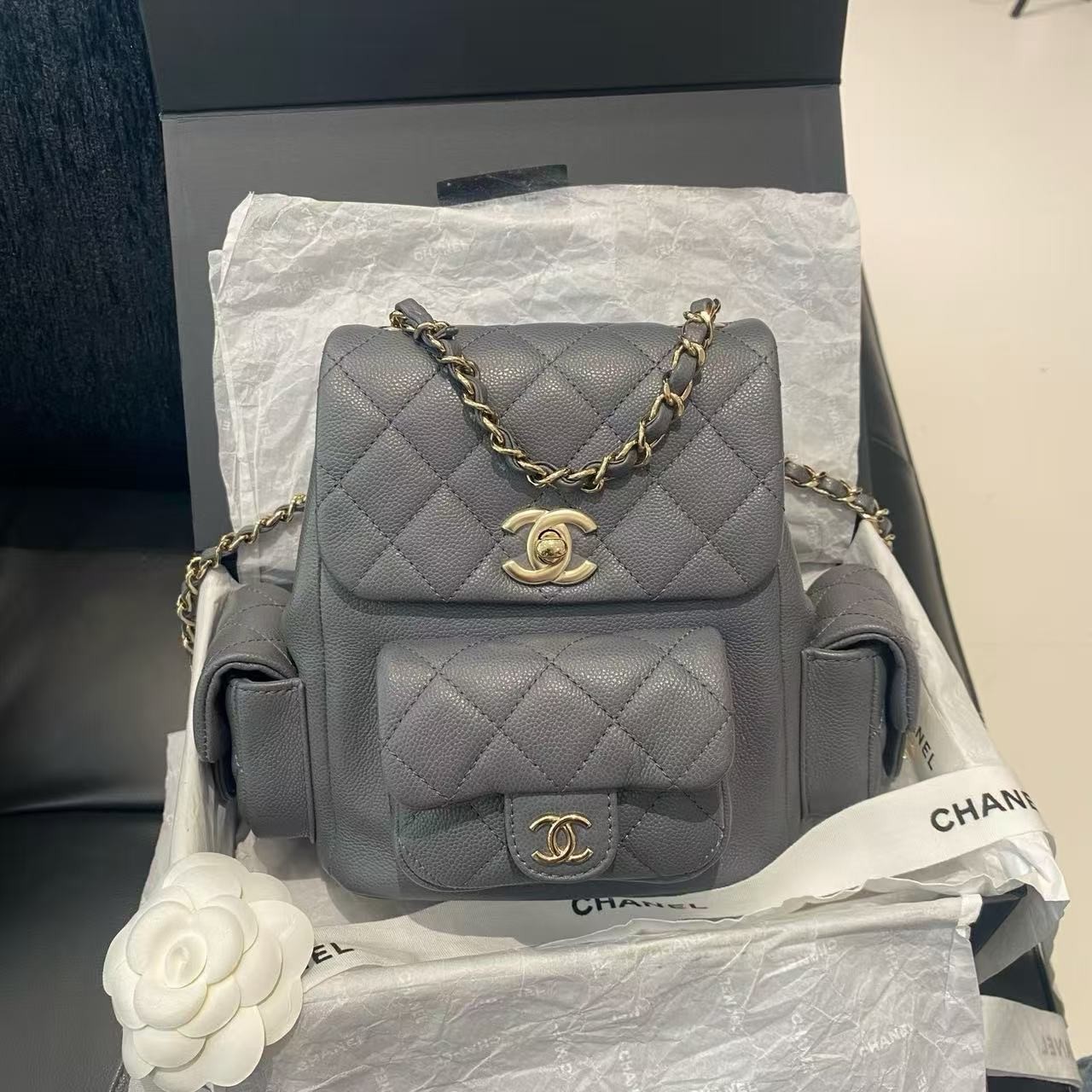 NEW Chanel 23p Duma Cargo Grey Caviar Quilted Lambsk Backpack GHW AS2908