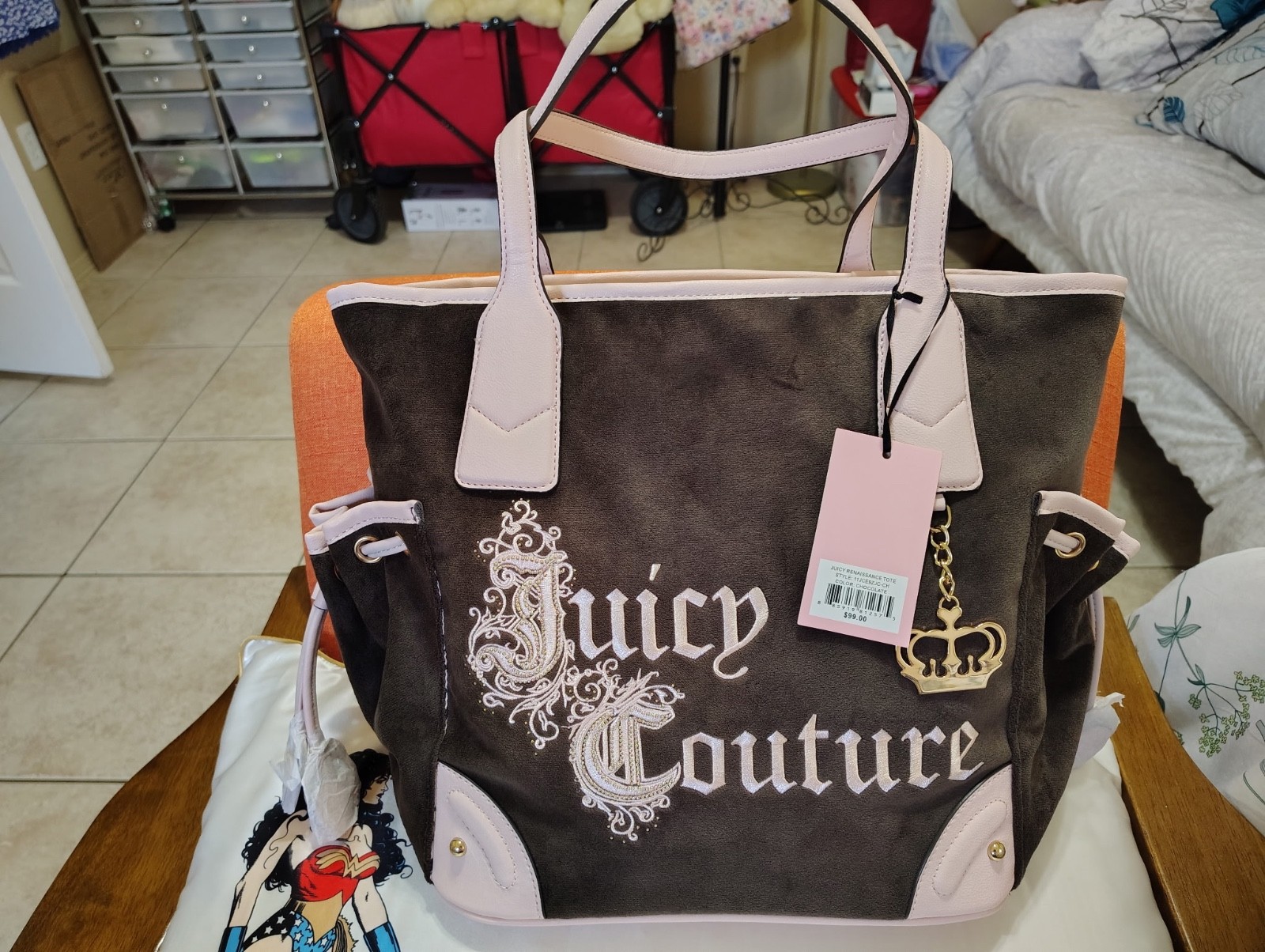 NWT Juicy Couture Renaissance Velour Tote Bag Chocolate Pink Heart Charm