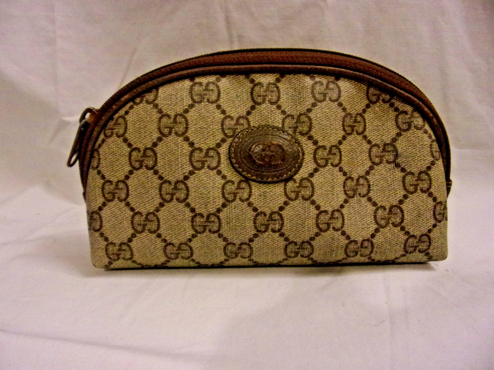 Vintage Gucci Canvas Leather Trim GG Logo Cosmetic Purse Bag 7 1/2″ X 5″