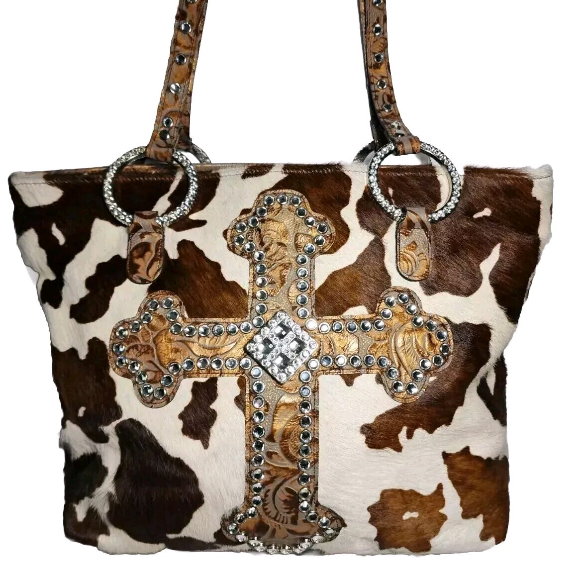 RAVIANI SUSANNE’S CRYSTAL EMBELLISHED 3D CROSS & ROSES CALF HAIR ON LG TOTE $545