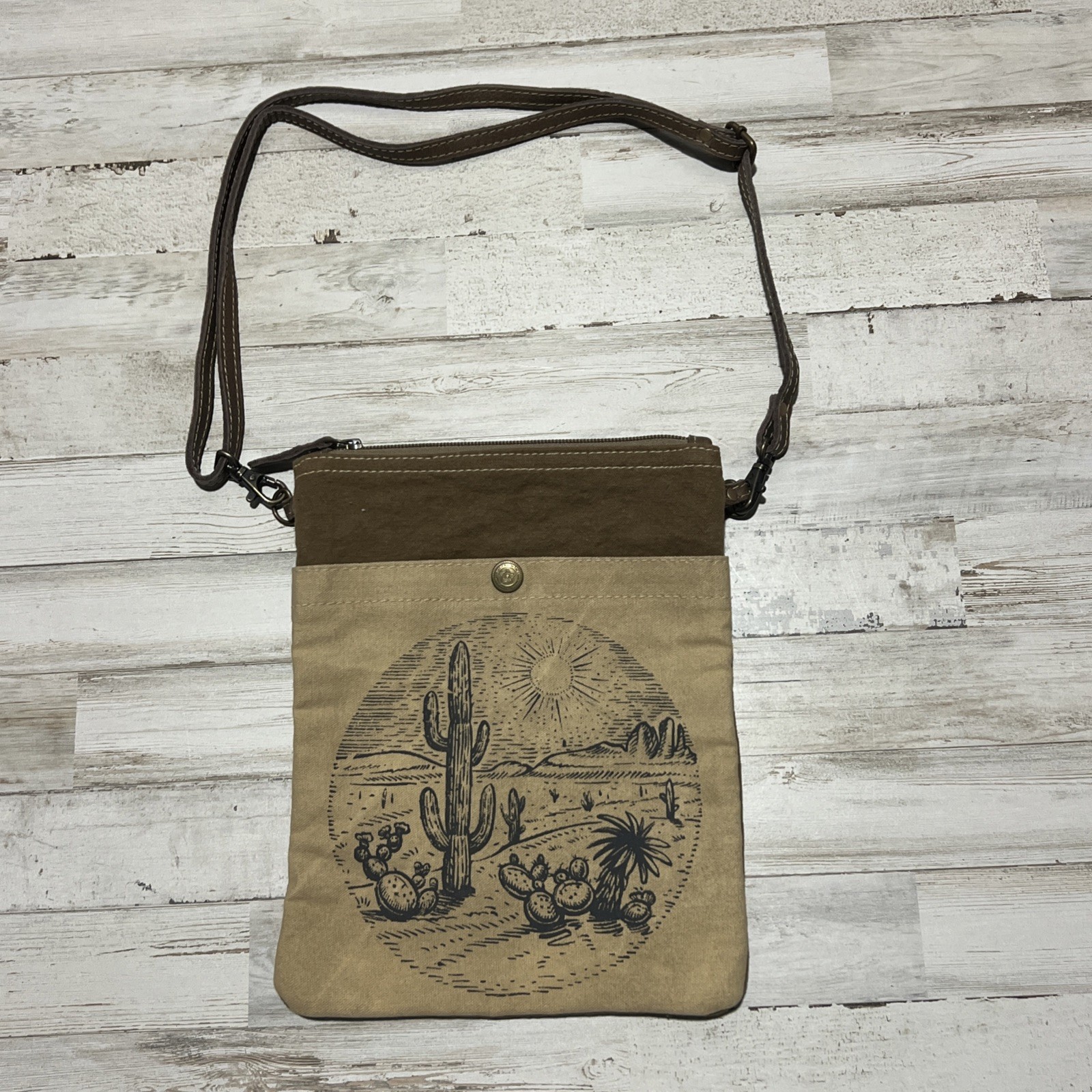 myra bag crossbody canvas desert cactus bag purse tan brown BOHO upcycled carve