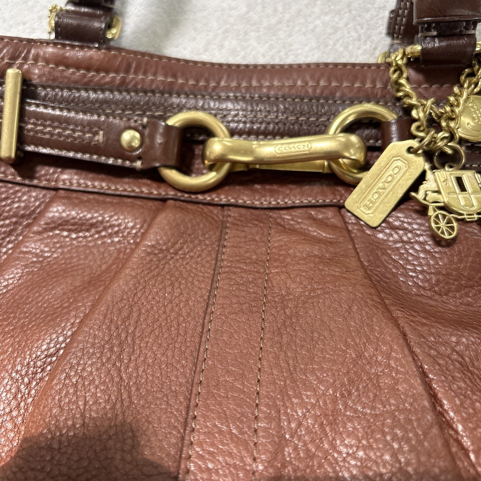 COACH Hamptons Leather Satchel Pleated Shoulder Bag Tobacco Brown Lg 12476 Rare