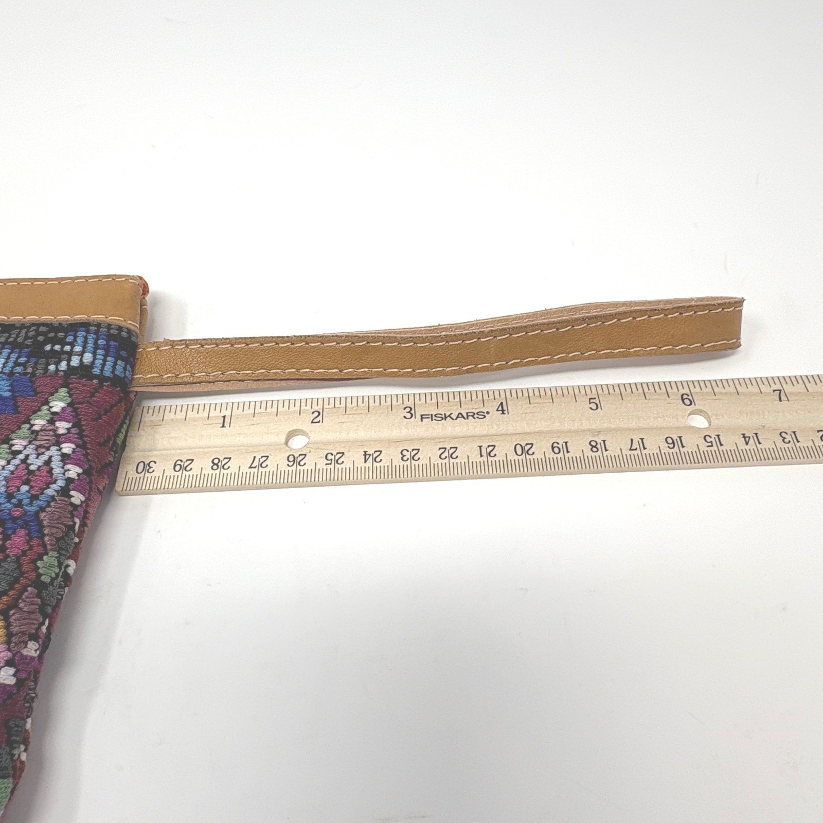 Woven Textile Geometric Wristlet Clutch Bag Zippered Huipil Style Leather Trim