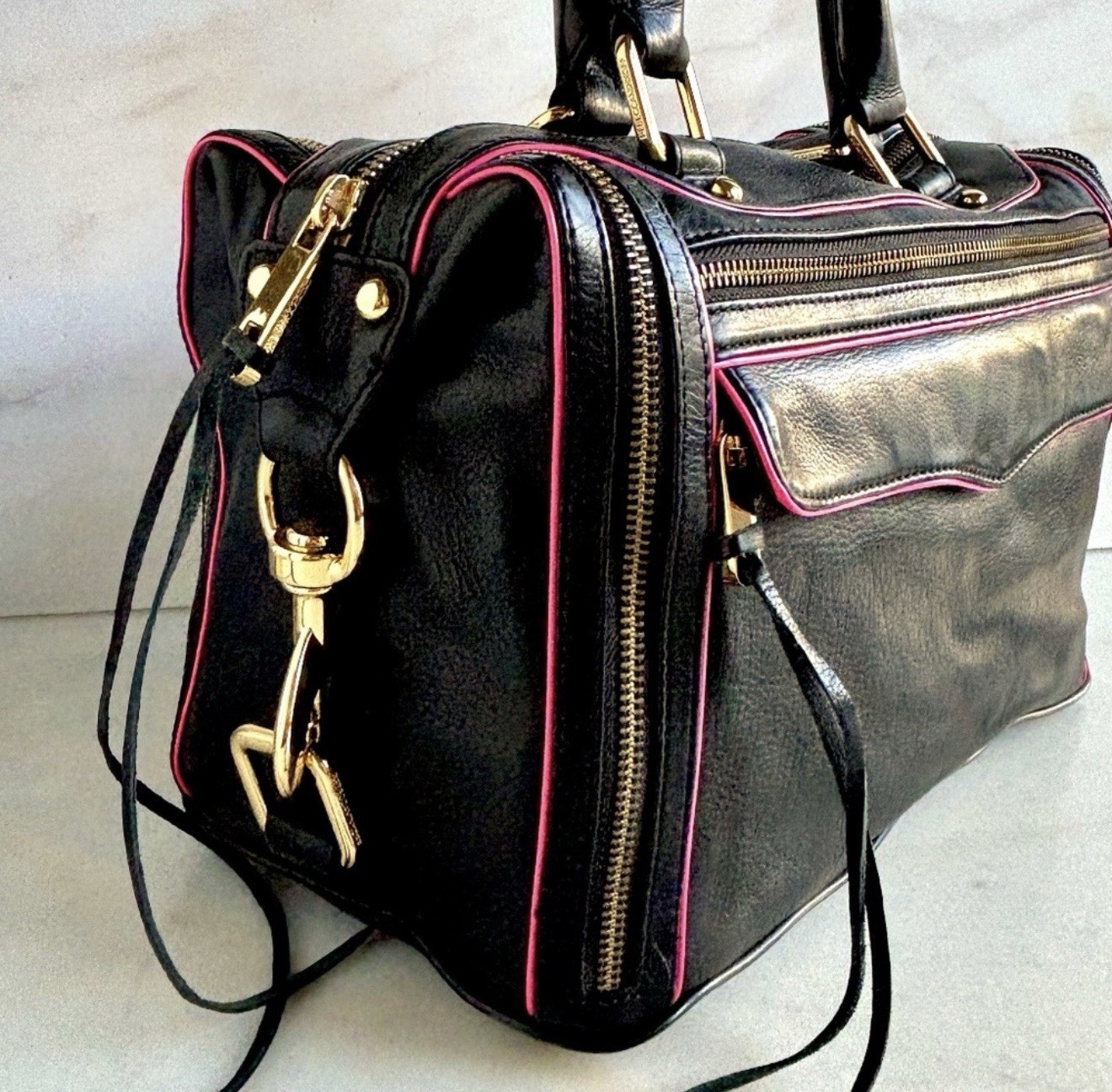 Rebecca Minkoff Medium Black/Pink Satchel Top Handle Zip Gold Hardware Dust Bag