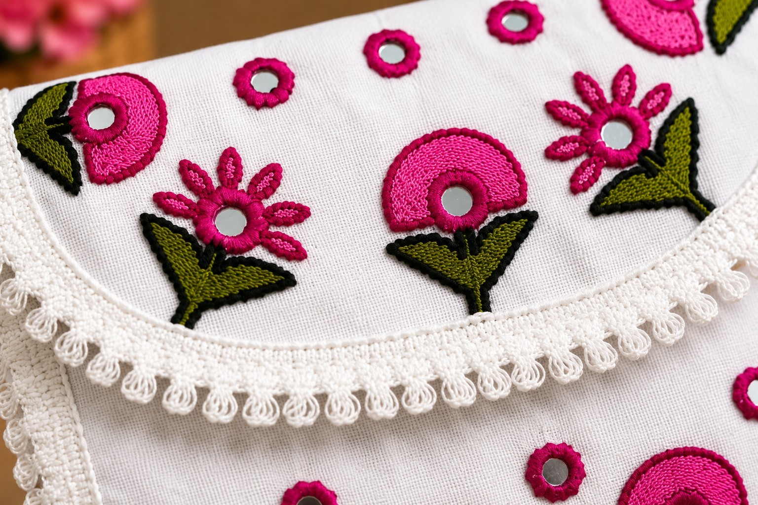 Handmade White Embroidered Clutch Bag Pink Floral Lace Evening Purse