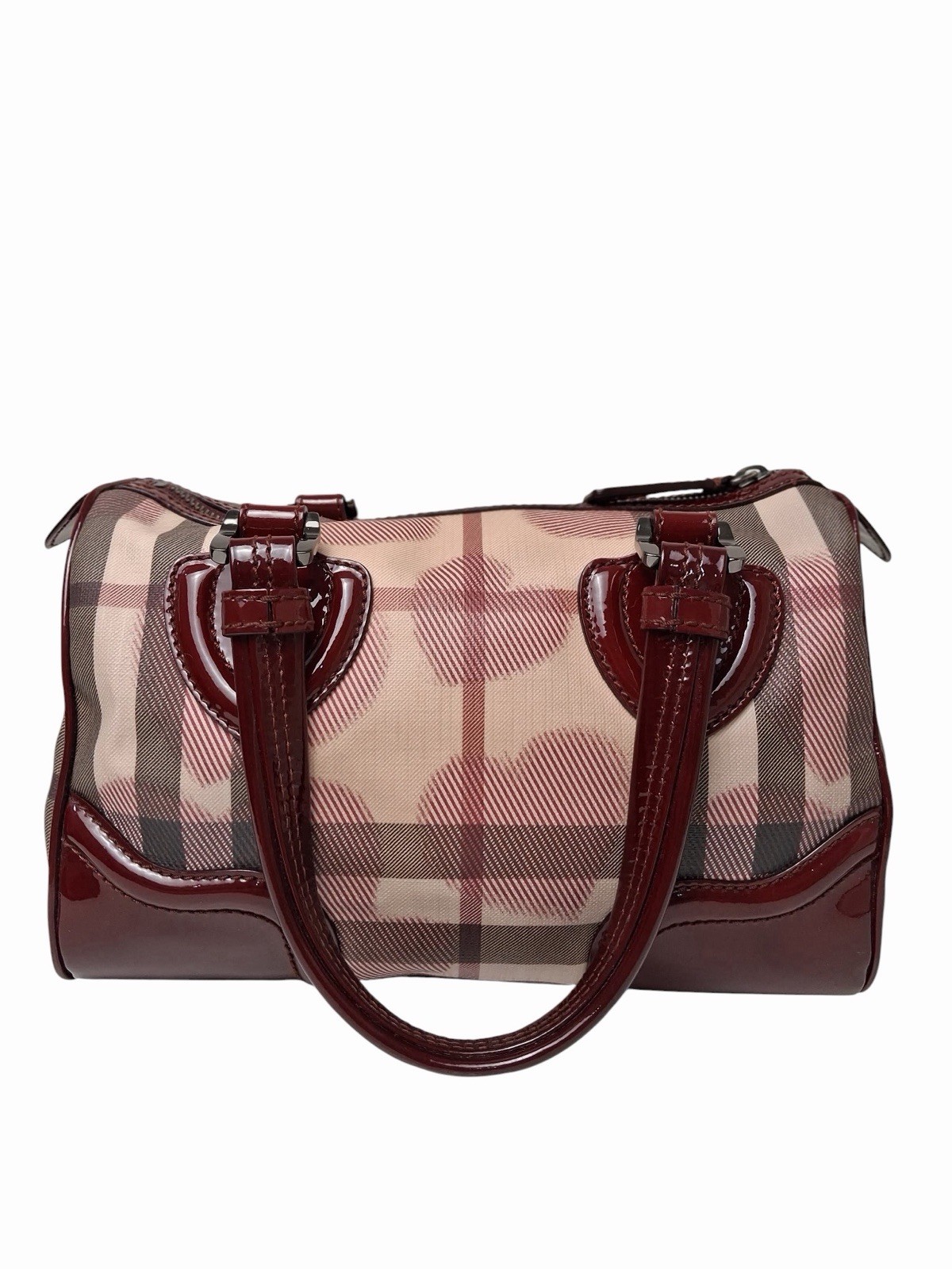 Authentic Burberry Nova Check Barrel Bowling Bag Burgundy Patent Leather