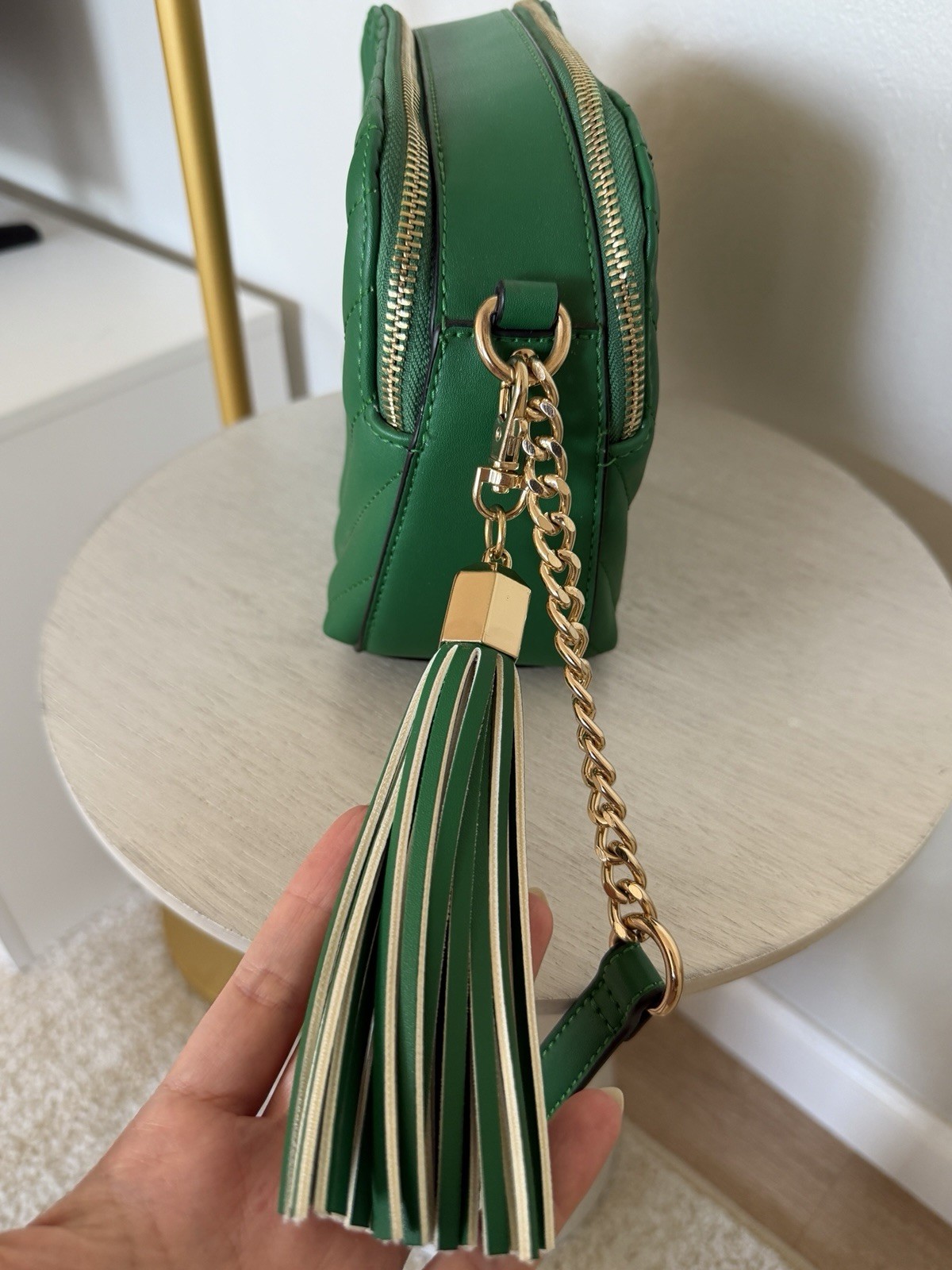 ALDO Green Chevron Quilted Zip Crossbody Bag Gold Chain Tassel Detach Strap