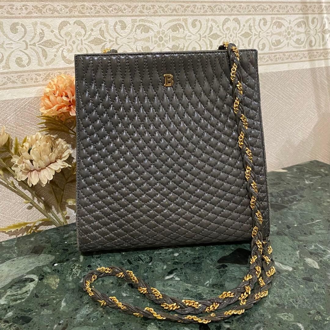 Bally Gray Quilted Leather Chain Crossbody Shoulder Bag Vintage Authenticated