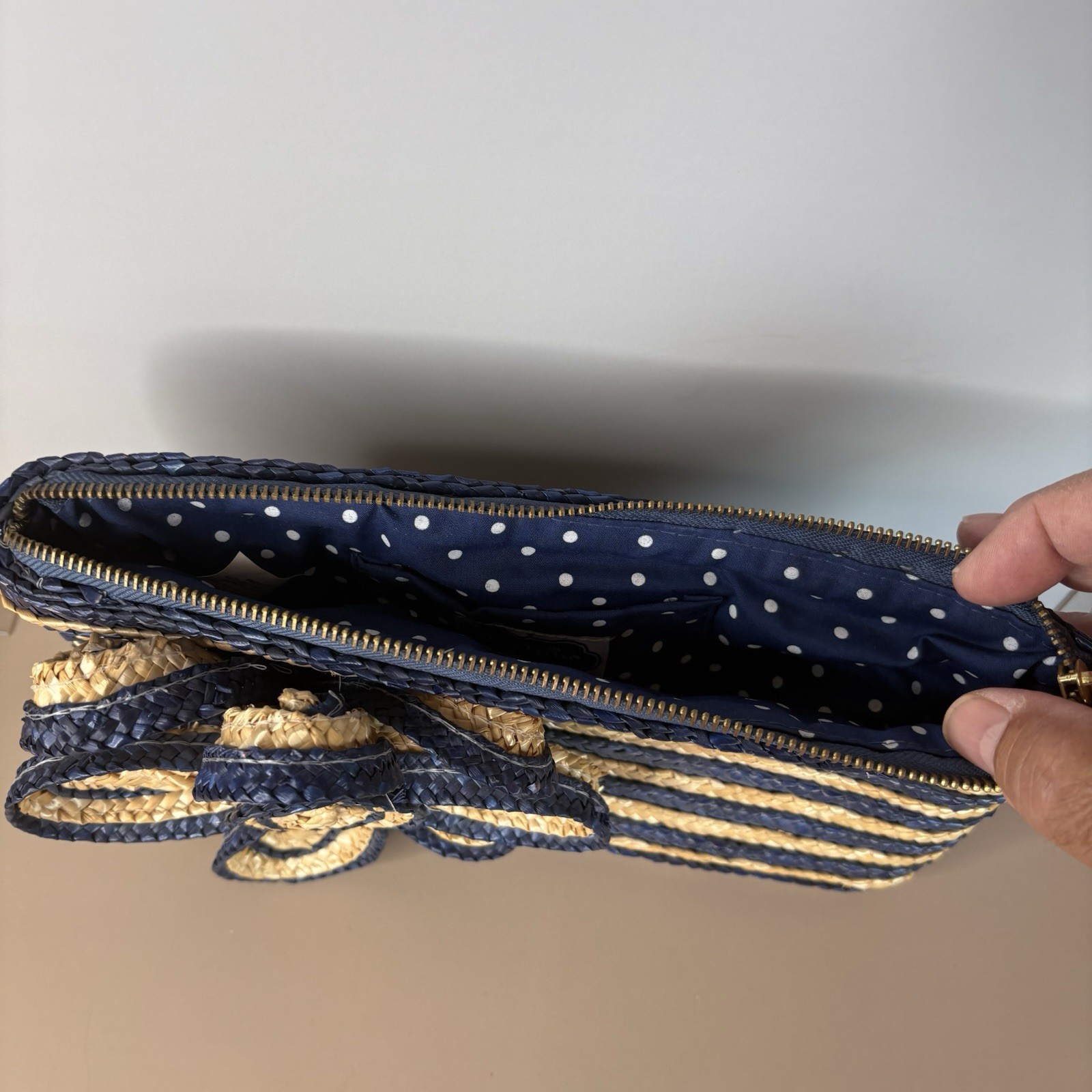 Mud Pie Flower Handbag Clutch Natural/Navy Woven Wheat Straw Stripes