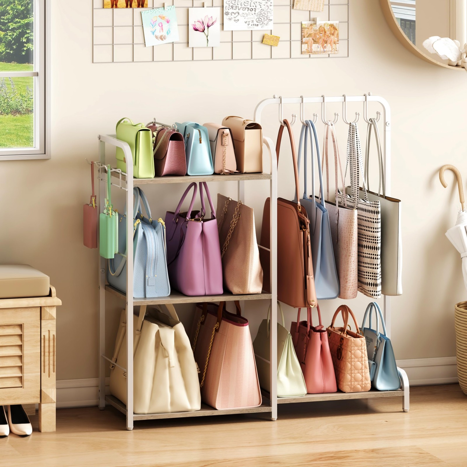 Large Capacity Purse Rack with 2 Purse Hangers and 5 Purse Hooks