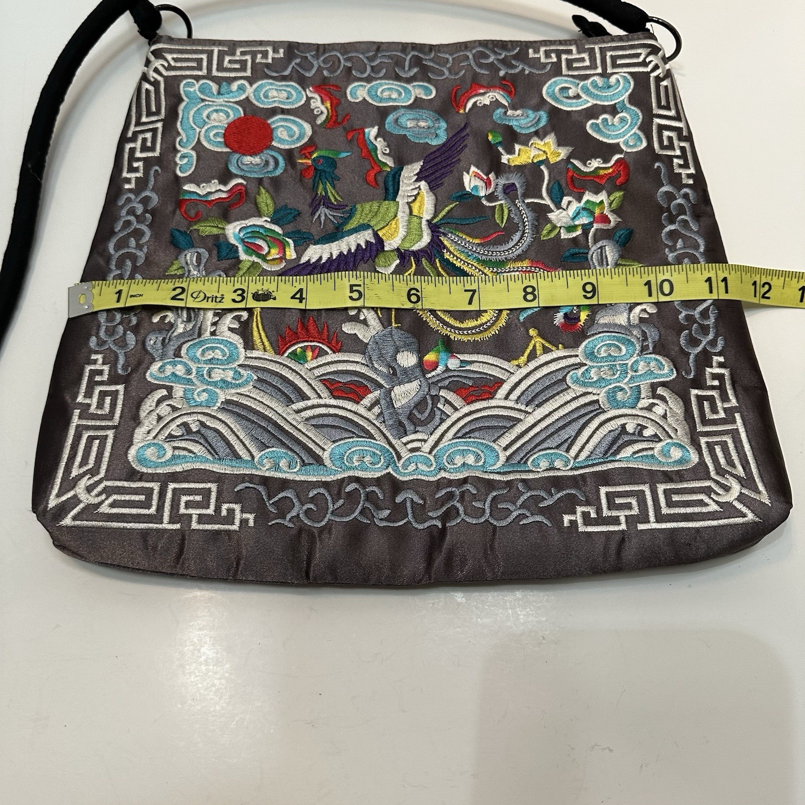 Stunning Grey Embroidered Crane & Wave Chinese Asian Art Handbag Boho Chic