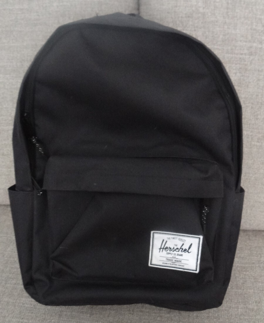 VGC WOMANs HERSCHERL BLACK BACKPACK WITH RED PIN-STRIPE LINING — 18 INCHES TALL