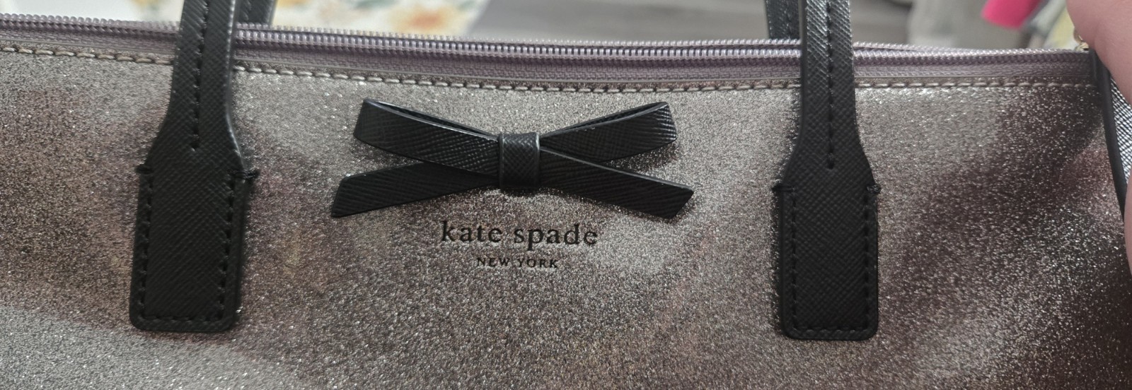 kate spade new york Silver Glitter Metallic Tote Bow Zip Double Handles Pockets