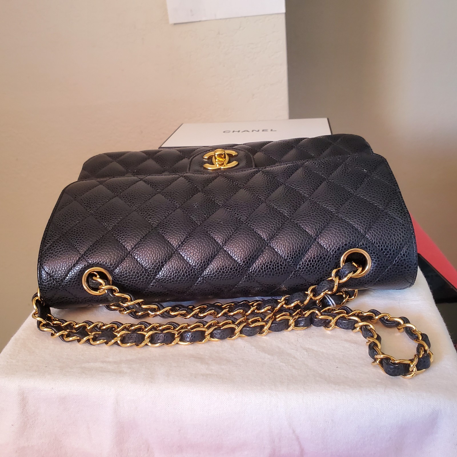 $11,700 CHANEL Classic Medium double Flap Bag black caviar gold hw