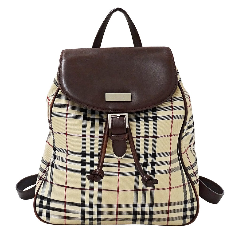 Burberry Mini Backpack Beige Brown Check Canvas Leather Women Drawstring Bag