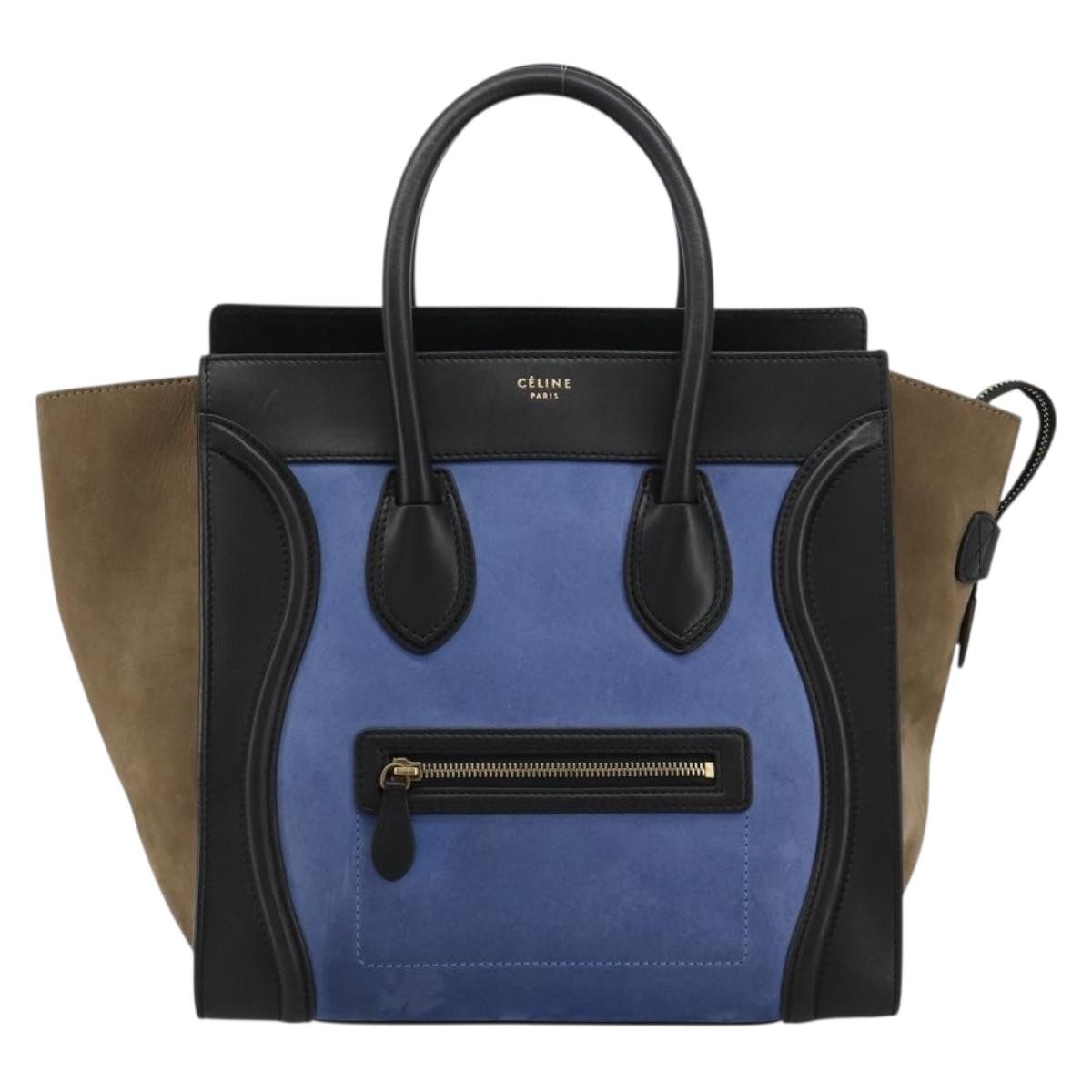 CELINE Luggage Mini Shopper Hand Bag Suede Light Blue Gold Auth ep14637A
