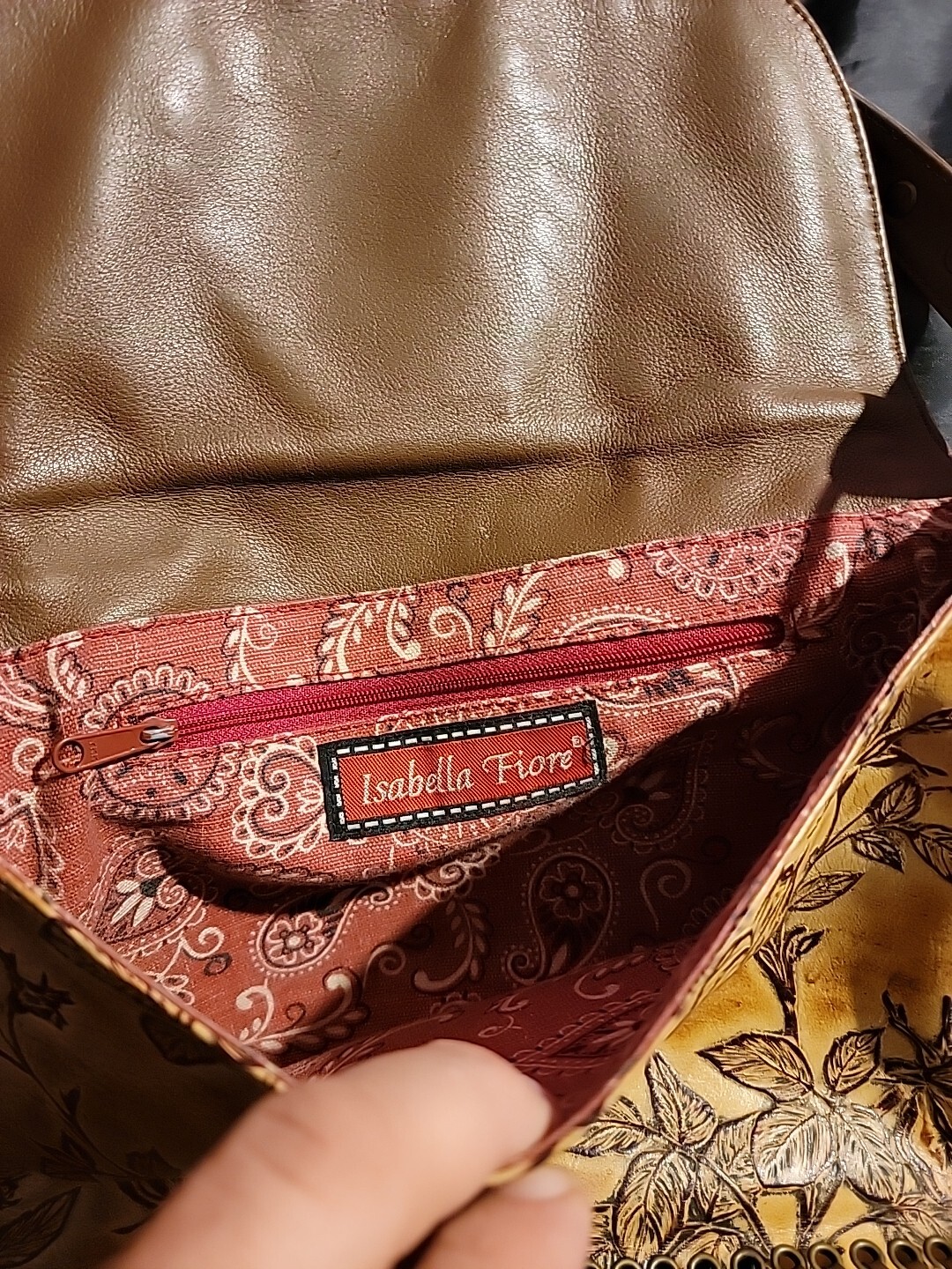 Isabella Fiore Hand Bag Tooled Leather Whipstitch Studded Y2K Shoulder Nice