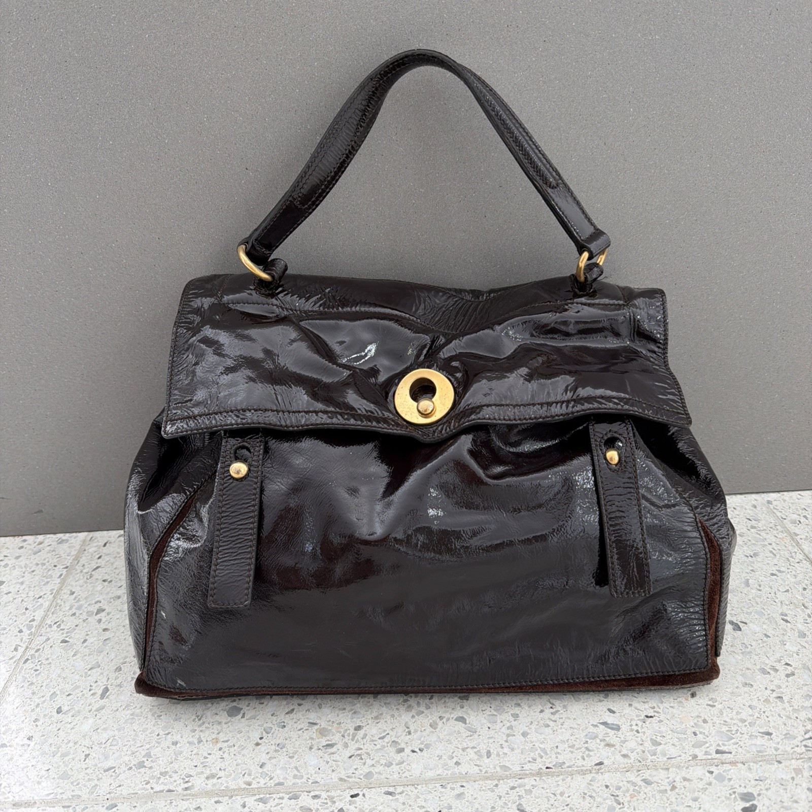 YSL Muse Two Vintage 2010 Bag Purse 2 Dark Brown Patent Leather Yves Saint Y2K