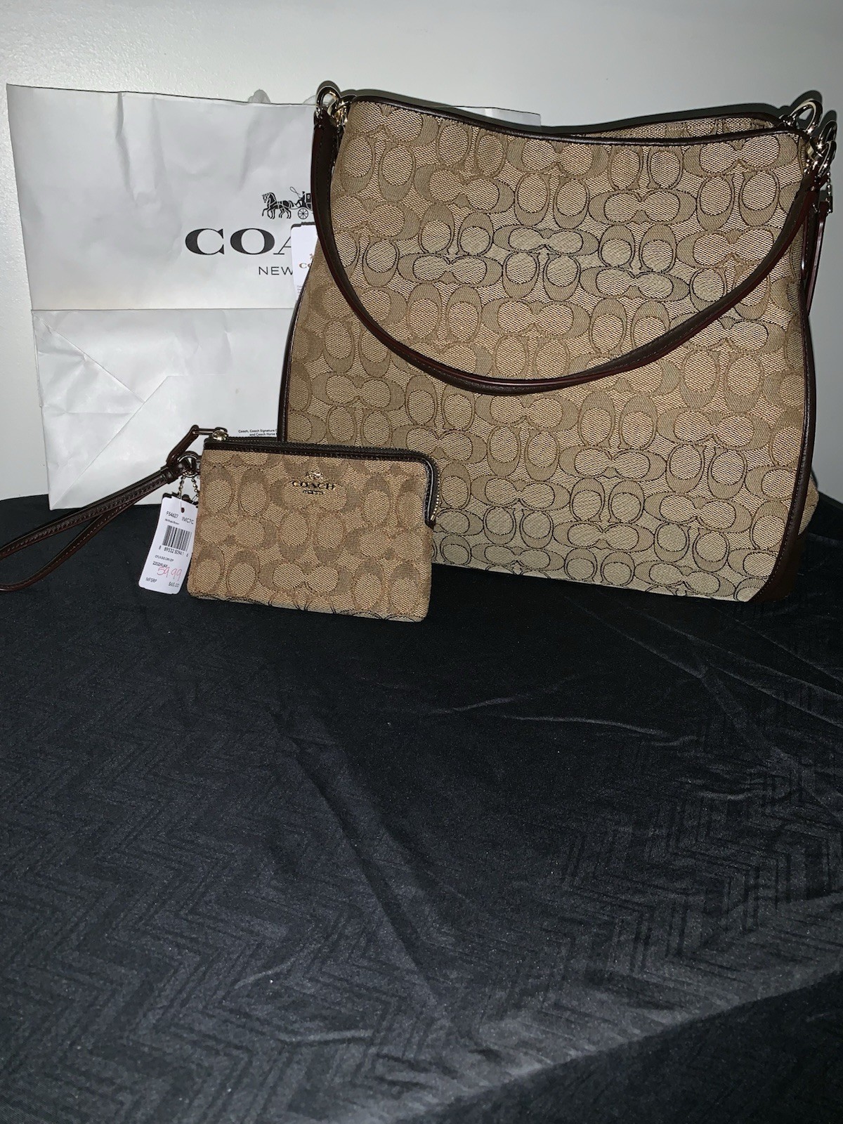 Coach Phoebe F36424 Signature Shoulder Bag + Wristlet Khaki Brown NWT