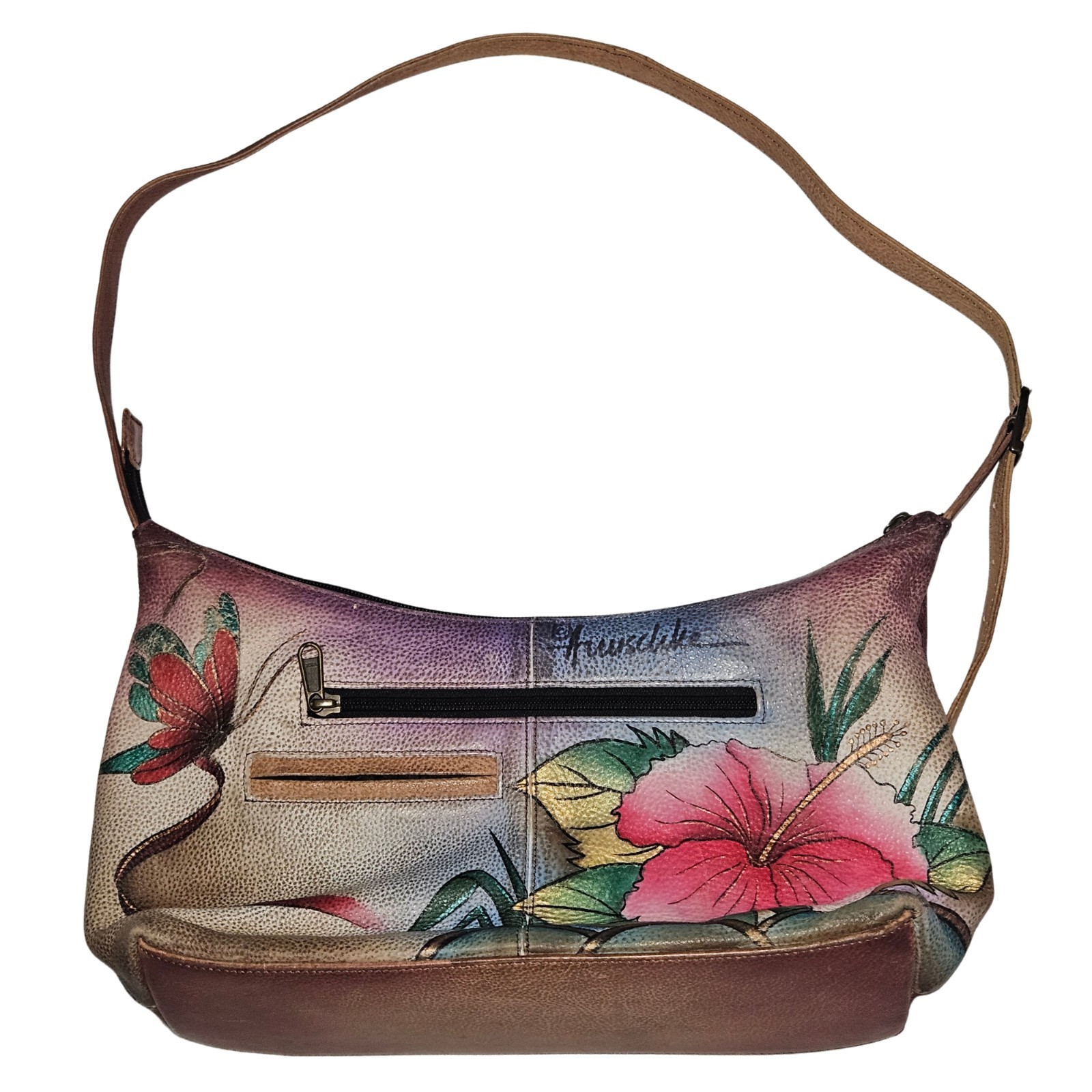 Anushka Hand Painted Leather Hobo Shoulder Bag Zip Pockets Floral Butterfly
