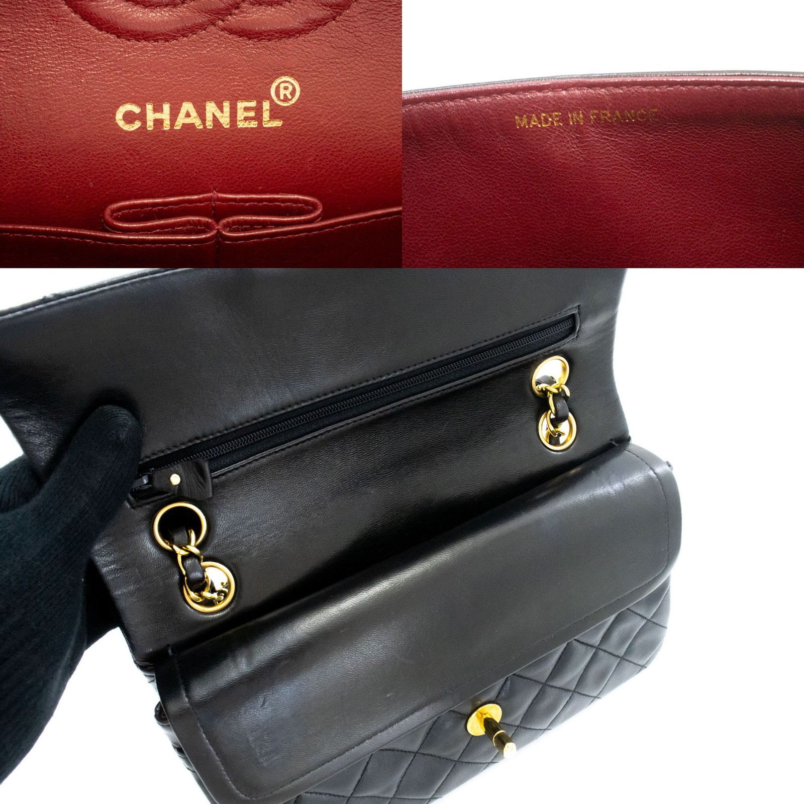 ai4 CHANEL Authentic Classic Double Flap 9″ Chain Shoulder Bag Black Lambskin