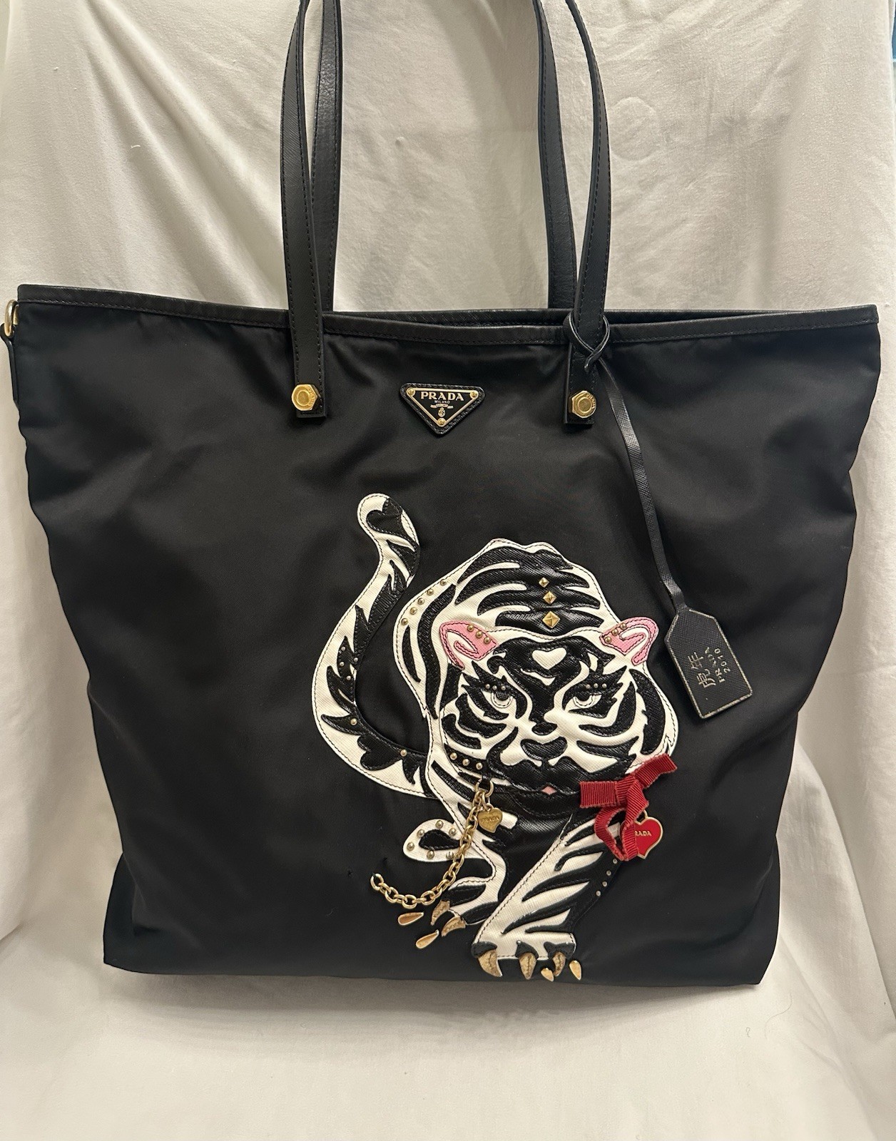 PRADA Year of the Tiger Black Tessuto Nylon Tote White Dust Bag and Box
