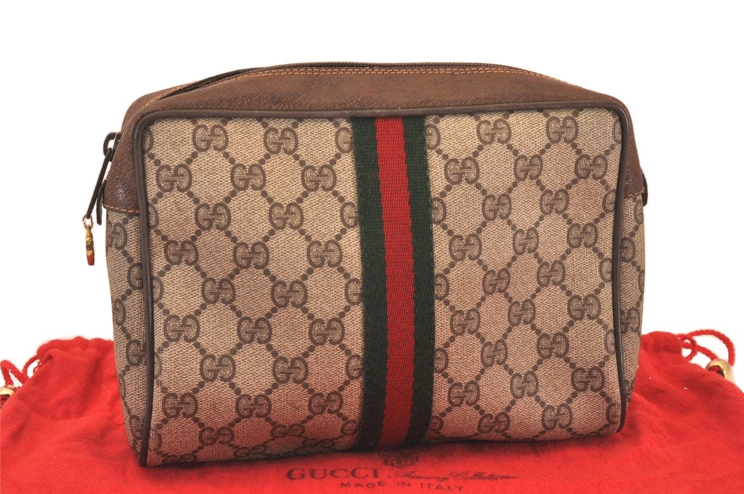 Authentic GUCCI Web Sherry Line Clutch Hand Bag Purse GG PVC Leather Brown AB468
