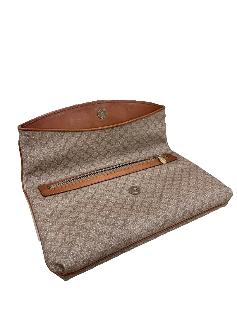 Celine Macadam Blason Clutch Bag Second Bag Brown Leather Flap Ladies Width 34cm