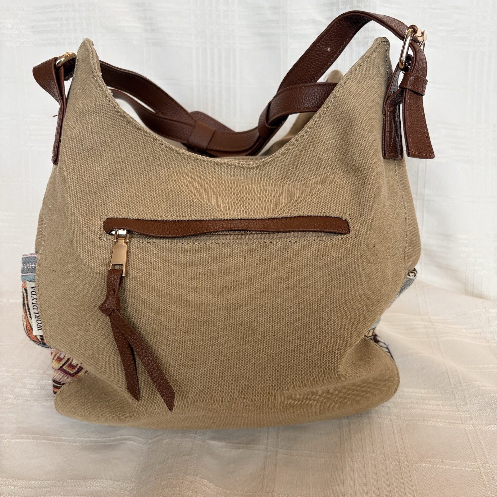 WORLDLYDA CANVAS Embroidered Tapestry Hobo Tote Bag Boho Aztec Tan, Lt blue