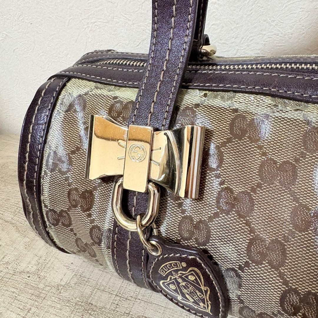 Authentic GUCCI Mini Boston Bag Brown Coated Leather 14cm x 27cm x 13cm Damaged