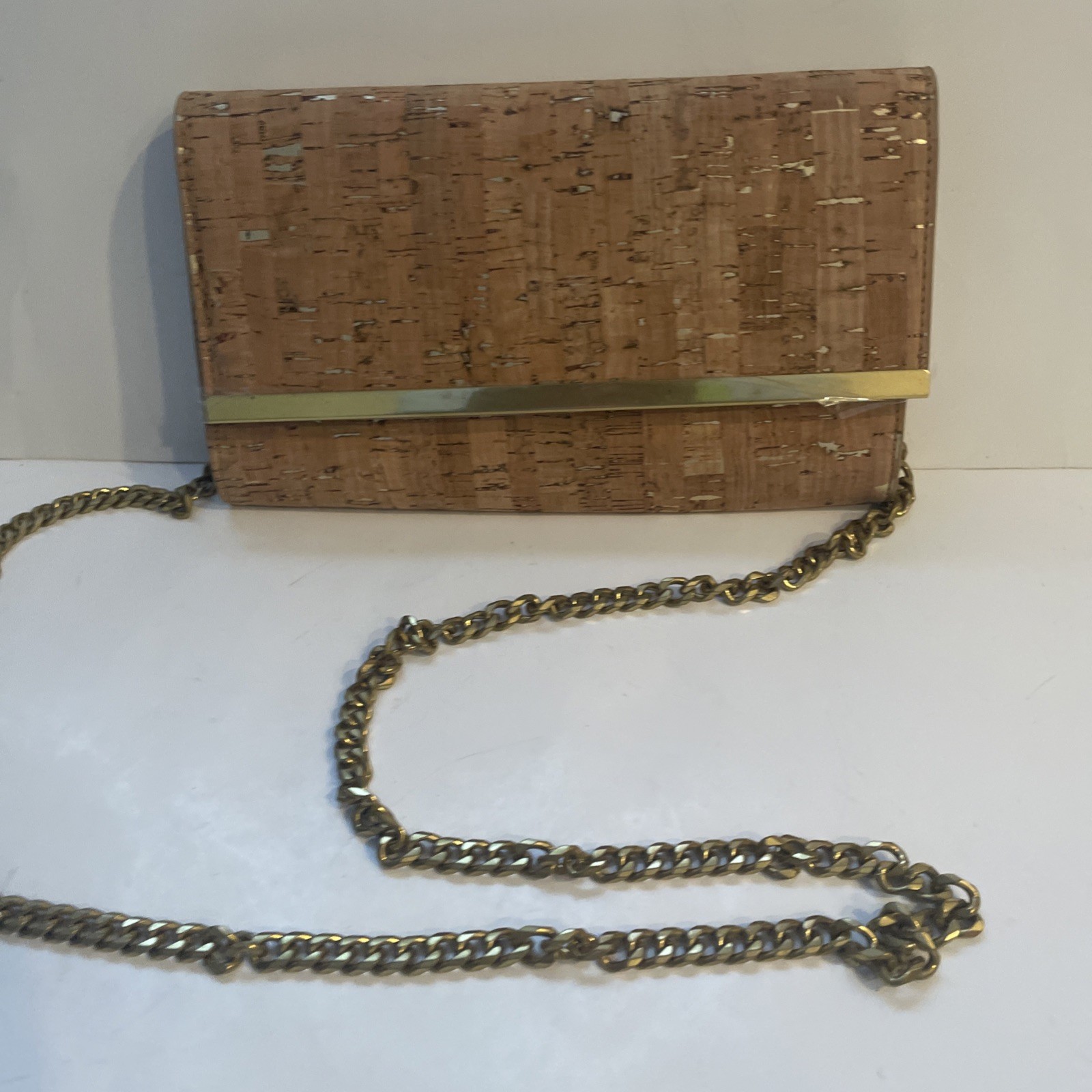J CREW Women’s Beige Cork Leather Evening purse 8.75” X 5”H Gold Chain NWOT