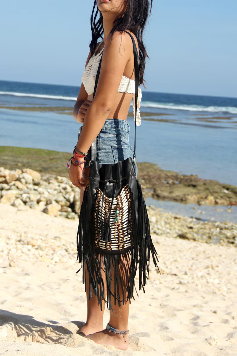 Women’s Genuine Leather Fringe Bag, Black Bohemian Bucket Purse, Western purse