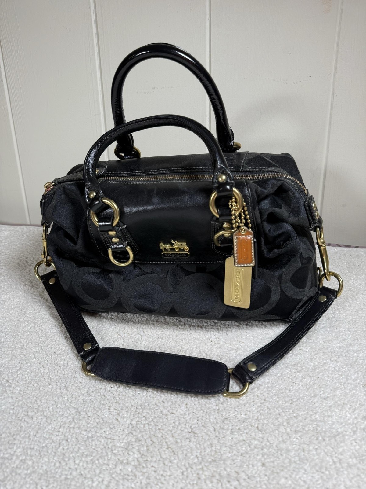 Coach Satchel Bag Womens Madison Signature Logo Black Jacquard Leather