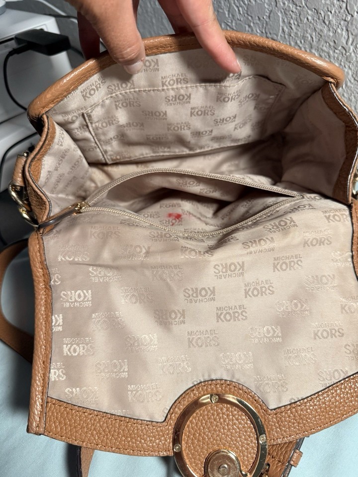 Michael Kors Fulton Pebbled Leather Crossbody Bag Brown Gold Tone Chain