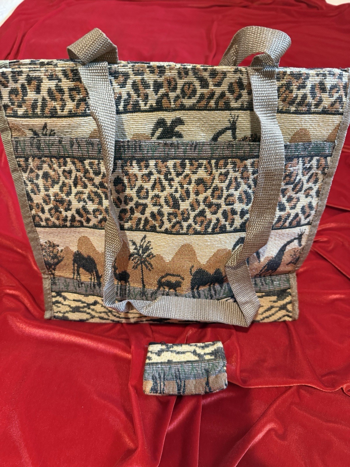 Animal Print Safari Tapestry Large Zip Tote, Front Zip Pockets, Coin Purse
