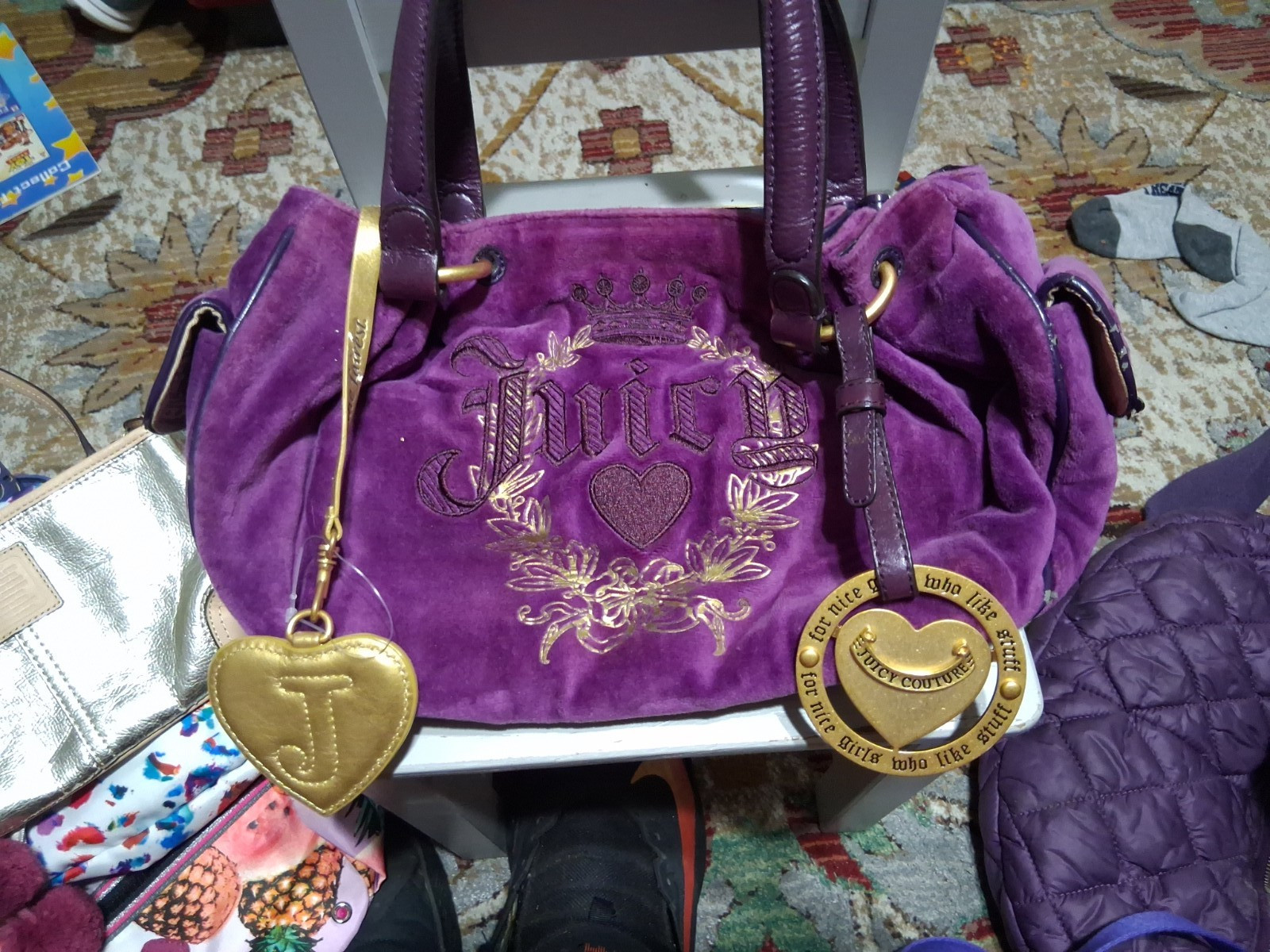 Vintage Y2K Juicy Couture Purple Velour Bag Gold Heart Charm Crown Lining
